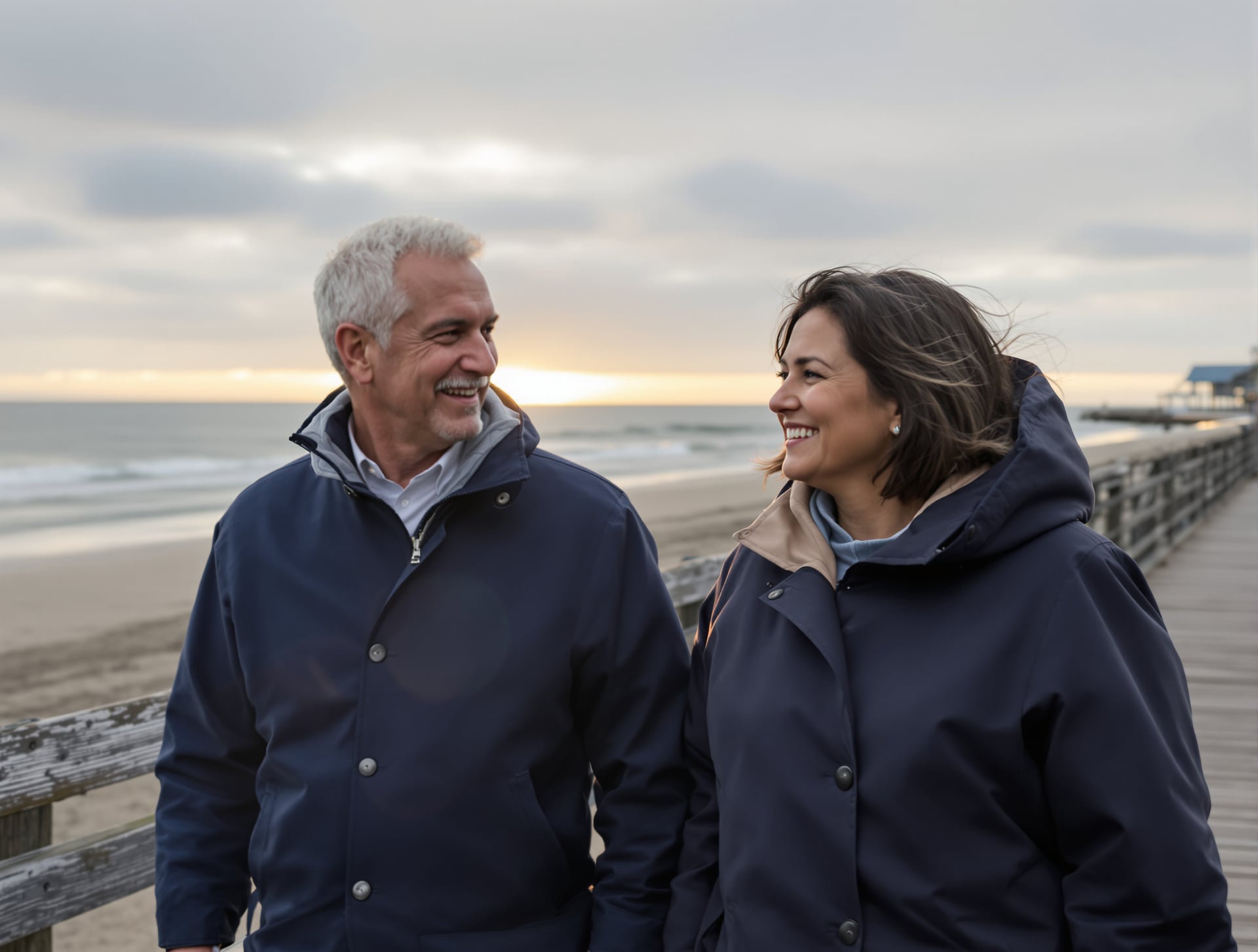Candid documentary photo of an ordinary-looking couple in their fifties, a man with greying stubble in a navy windbreake