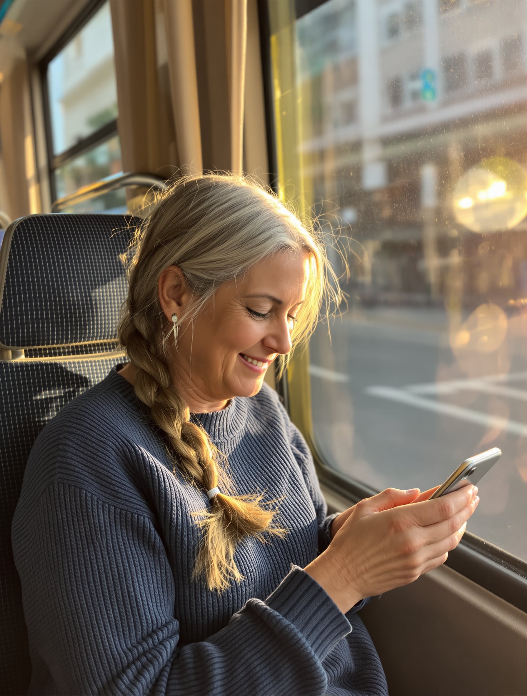 Candid documentary photo of an ordinary-looking woman in her sixties with long grey hair in a loose low braid, wearing a